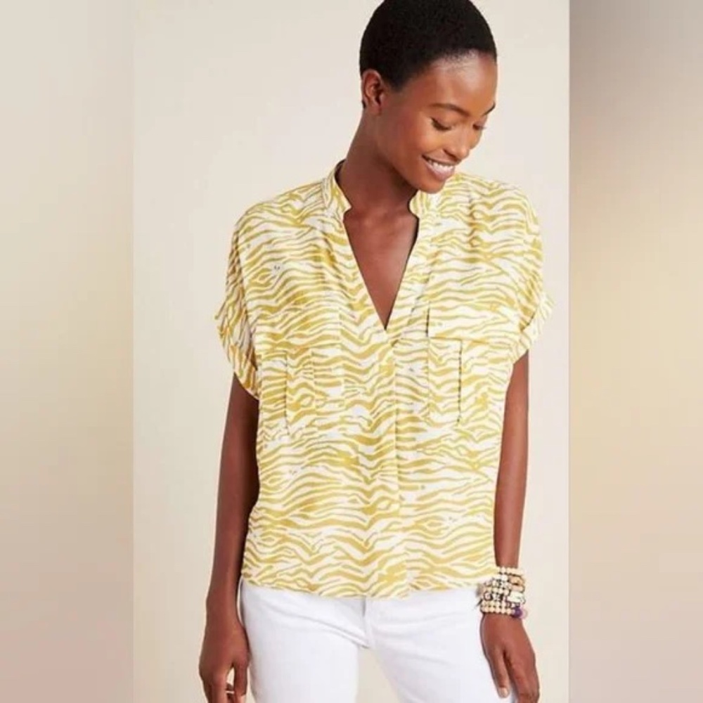 Maeve Anthropologie Amira Zebra Print Blouse Mustard Dolman Top Size M